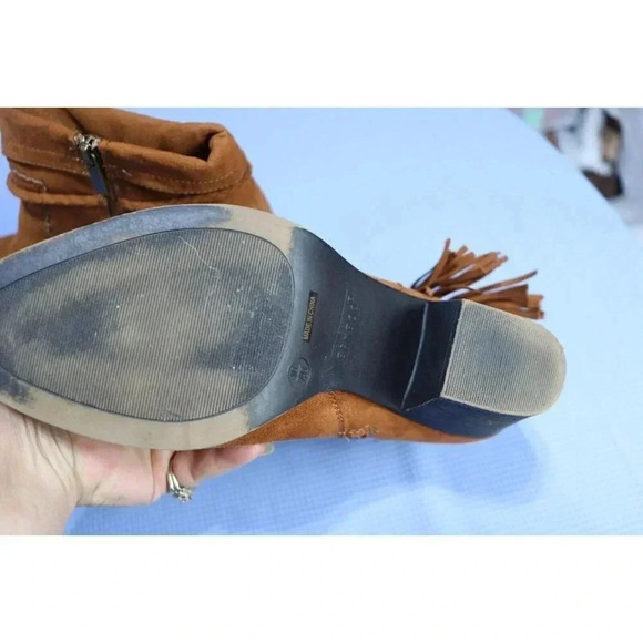 Bamboo Brown Suede Fringed Ankle Boots-Side Zip-Size 10 - Picture 6 of 11